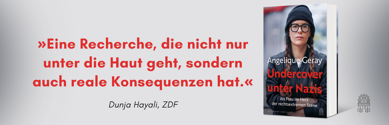 Banner mit Zitat in roter Schrift: „Eine Recherche, die nicht nur unter die Haut geht, sondern auch reale Konsequenzen hat.“ – Dunja Hayali (ZDF). Rechts daneben das Buchcover „Undercover unter Nazis“ von Angelique Geray, mit Porträt einer Frau mit Mütze und Brille.